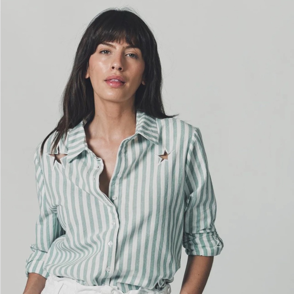 The Shirt by Rochelle Behrens Mint and White Striped Button Down